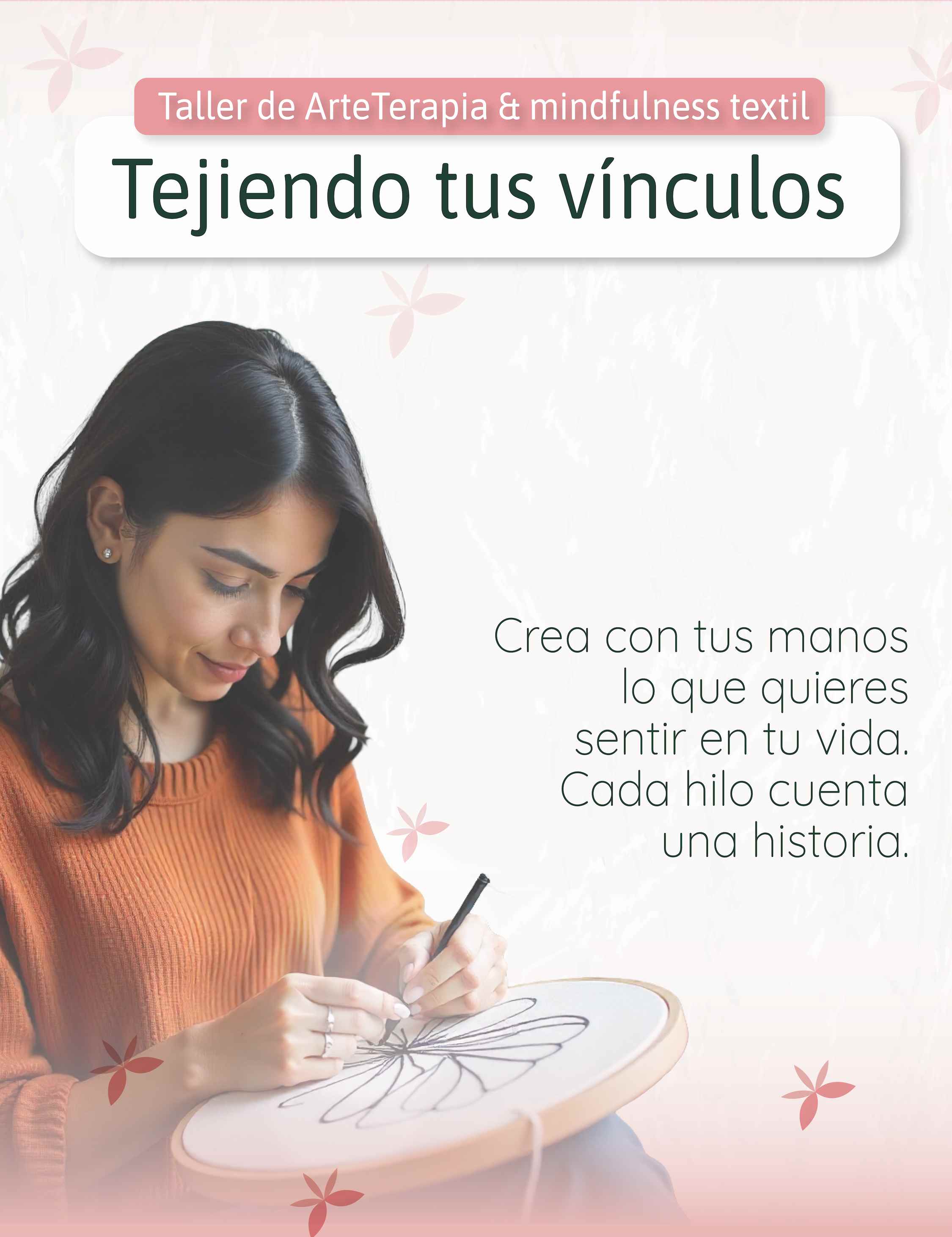 Manos bordando una flor en bastidor